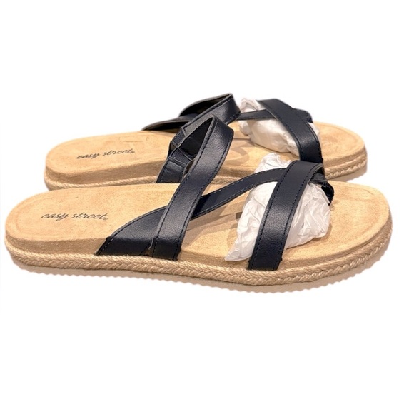 Easy Street Black and Tan Sandals with Cross Straps Size 7.5 New in Box - Picture 1 of 6